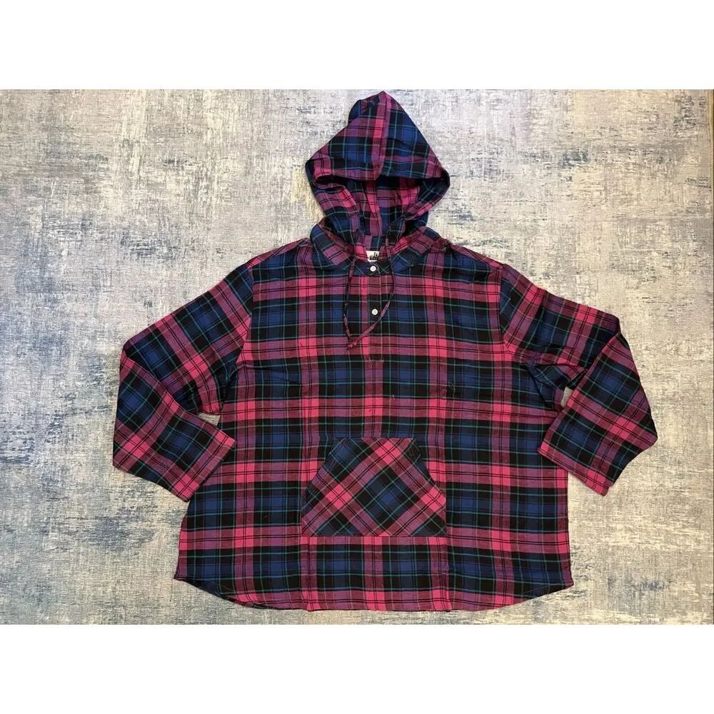Metropolitan Purple Pink Blue Plaid Lightweight Hooded Flannel Shirt Women's 3X